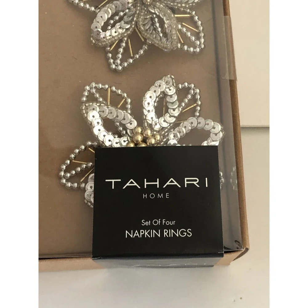 Tahari Poinsettia Flower Napkin Rings Beaded Silver Christmas Holiday Set of 4